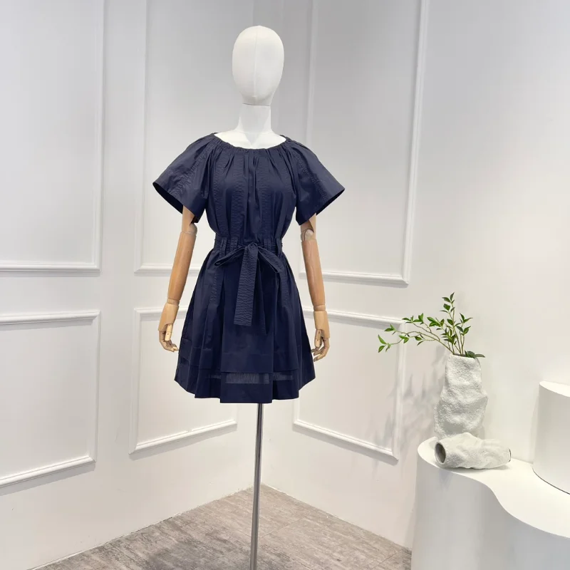2023 Summer New Arrival Women Fashion Navy Blue Cotton Lace-up Pleated O-neck Short-sleeve Knee-length Dresses