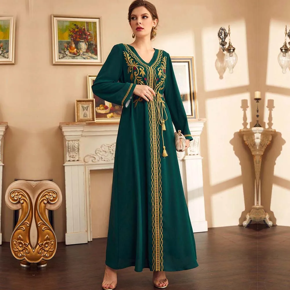 Женское платье Рамадан, зеленое платье с вышивкой и V-образным вырезом, модель 2022 года, мусульманский кафтан, Abayas, Djellaba, кафтан, Марокканское ...