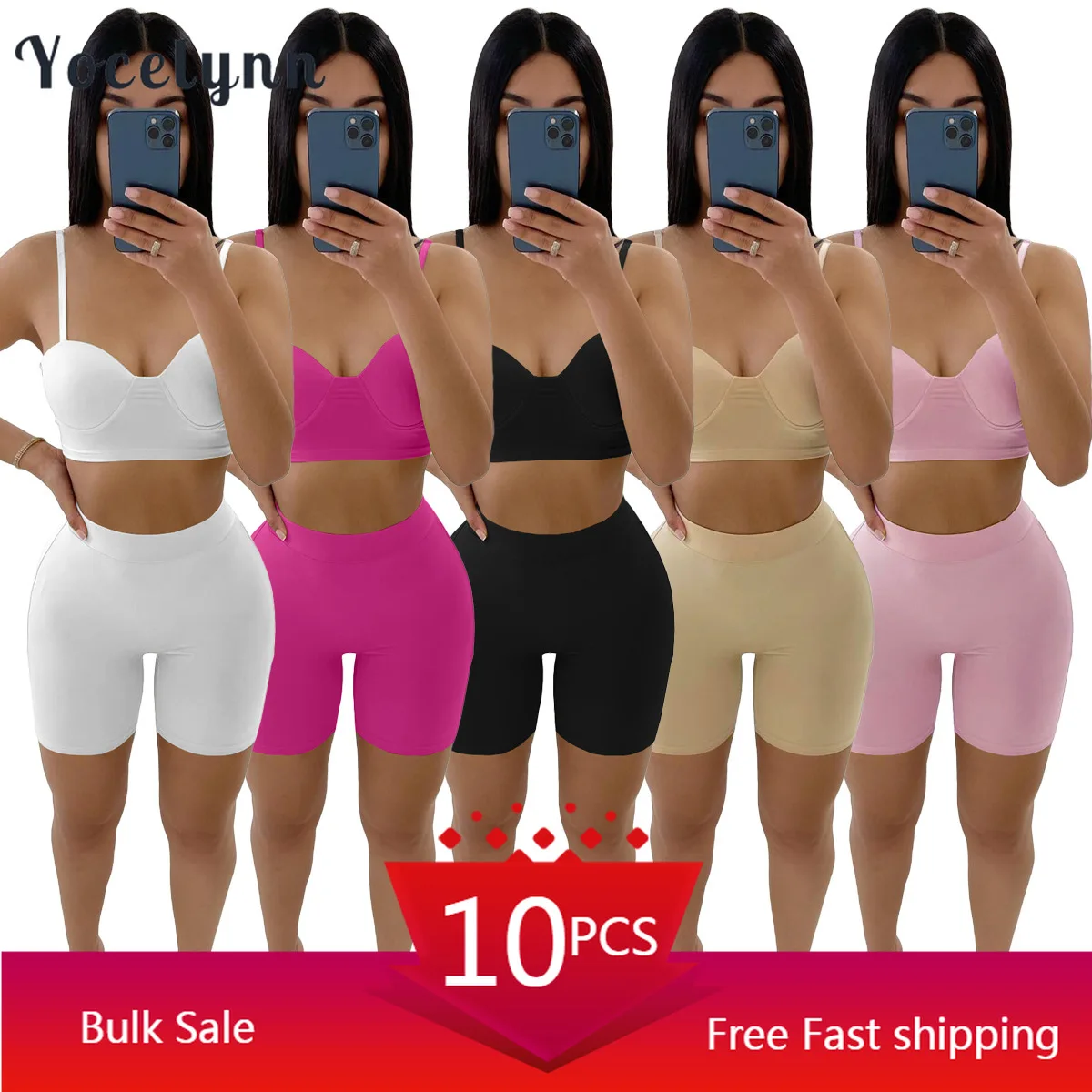 

Bulk Item Wholesale Lots Clothing Sexy Two Piece Outfits for Women Solid Bra Crop Top and Biker Shorts Set Summer Sportsuit 2022