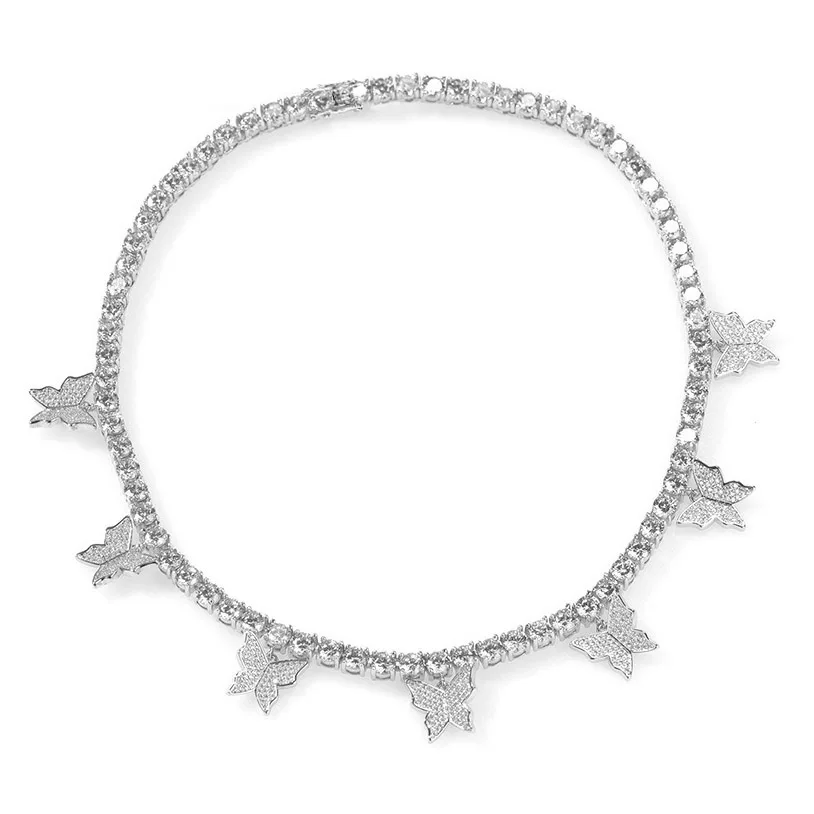 

2023 NEW Iced Out Shining Tennis Chain women choker Butterfly Pendant 3 Colour Cubic Zirconia Charm Necklacehigh quality