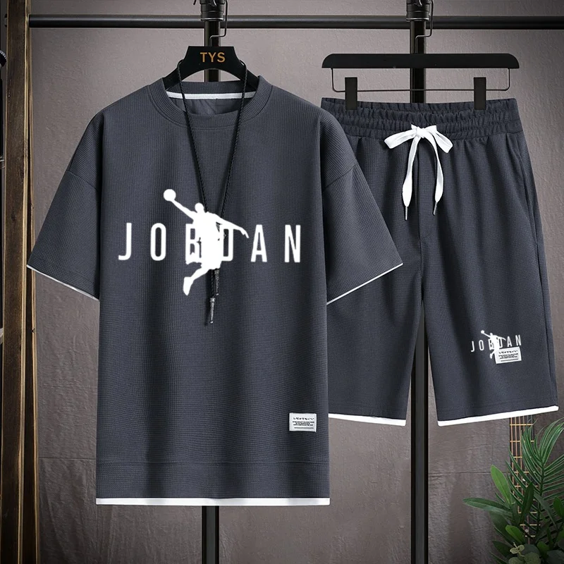 Men's Sportswear Casual Short Sleeve Sports Suit 2 Pieces T-Shirt Shorts Korean Style Jogging Suit Summer Fashion