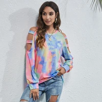 autumn new womens clothing 2022 european and american round neck tie dye fashion hollow shoulder sweater t shirt women