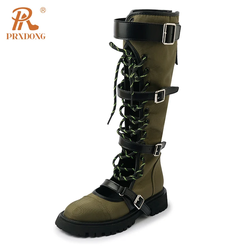 

PRXDONG New 2023 Fashion Top Qulaity Summer Autumn Shoes Woman Knee HIgh Boots Med Square Heels Buckle Pubk Casual Lady Boots