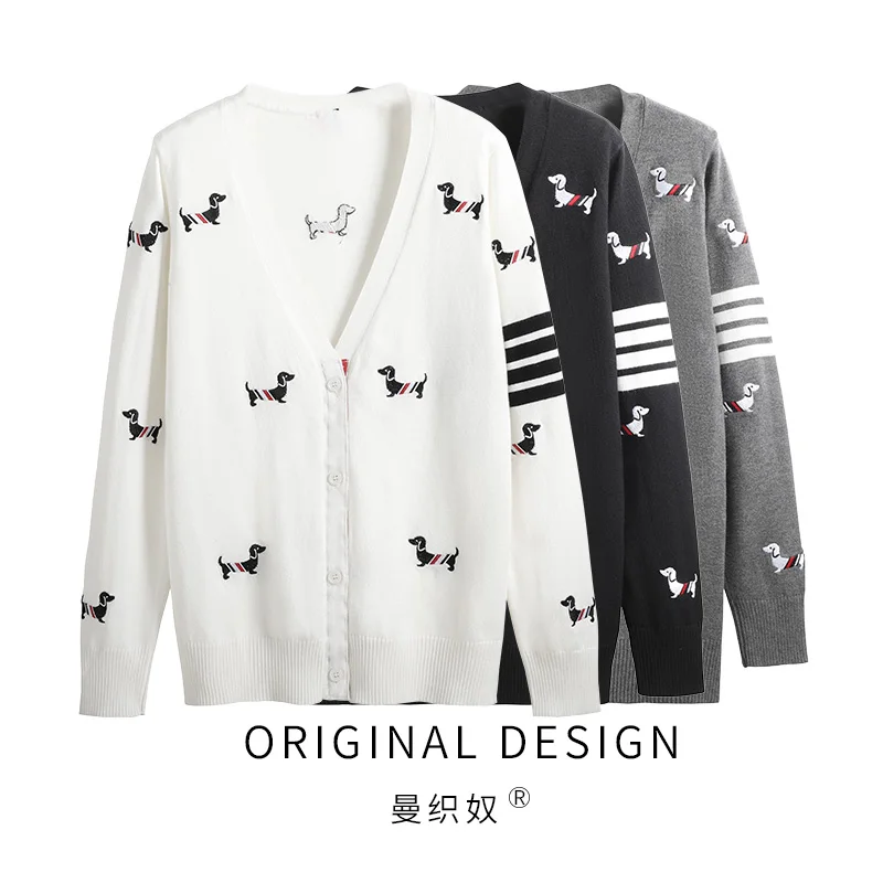 

High Quality Korean Style TB Knitted Cardigan Women's Early Autumn Design Feeling Dog Jacquard Top Loose with Small Sweater Coat