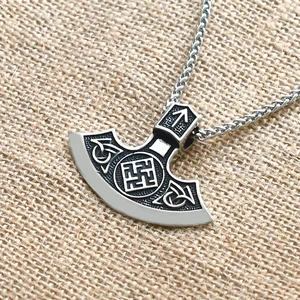 Mens Viking Stainless Steel Axe Pendant Necklace Nordic Rune Alphabet Amulet Jewelry 60cm Keel Does Not Fade