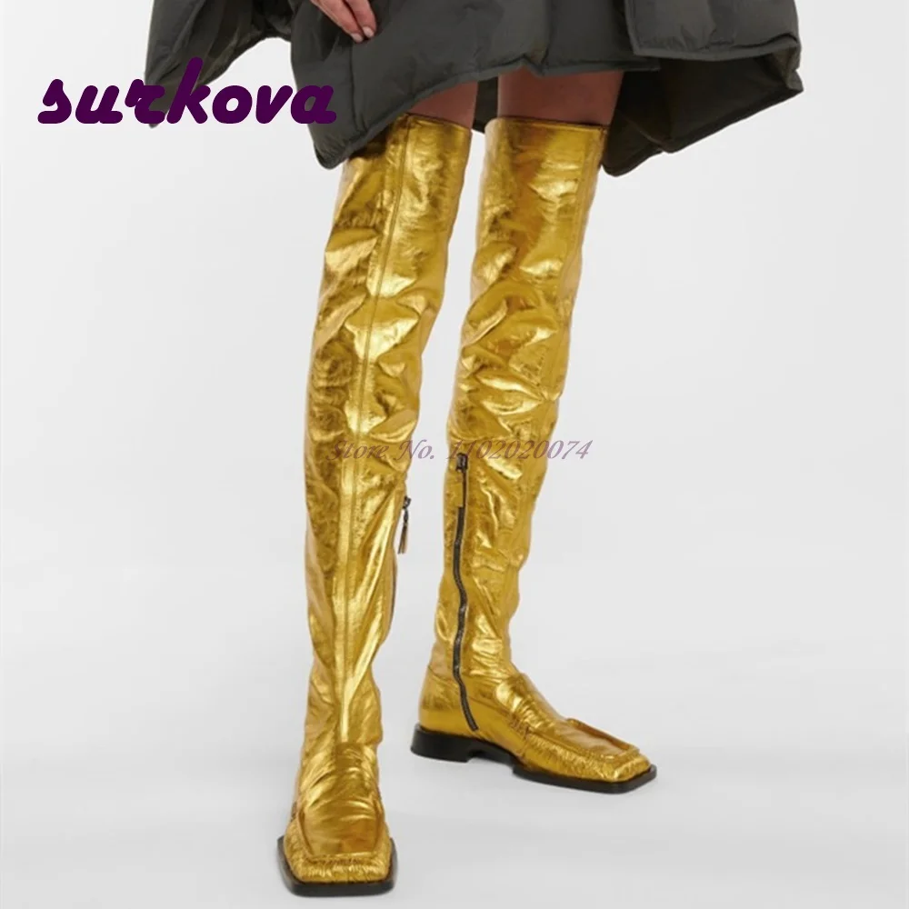 

Женские сапоги выше колена, золотистые сапоги на плоской подошве, с квадратным носком и боковой молнией, Новое поступление 2023, однотонная кожаная элегантная повседневная модельная обувь