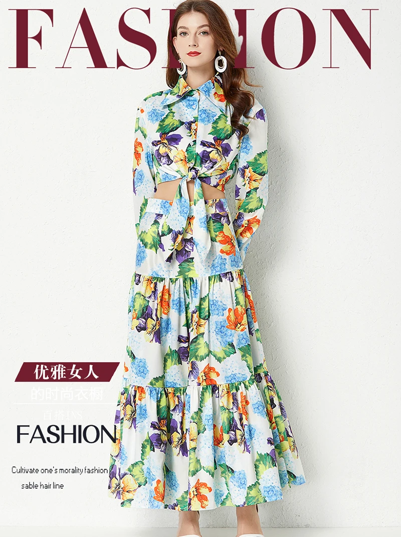 

2022 New Arrival Hydrangea Print Series Bow Tie Long Sleeve Shirt And High Waist Lotus Leaf Hem Skirt 6A003