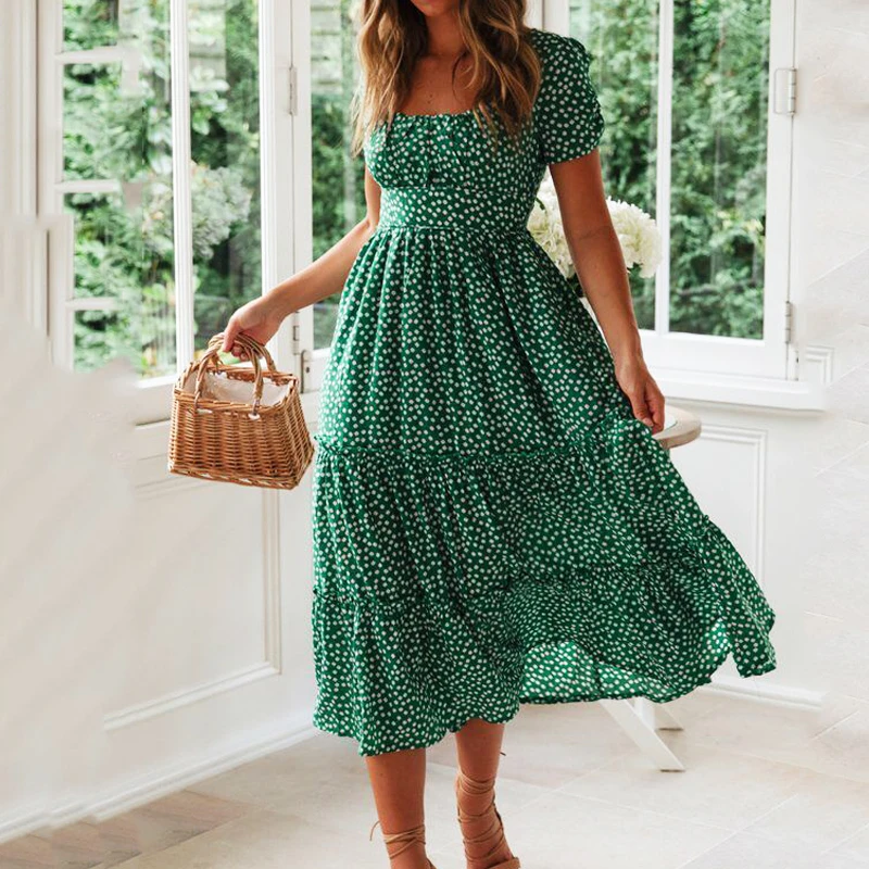 

Dress Women's Square Neck Flower Vintage Print Bubble Sleeve Fragmented Flowers Summer Beach Sweet Flower Casual Long Dress 2023