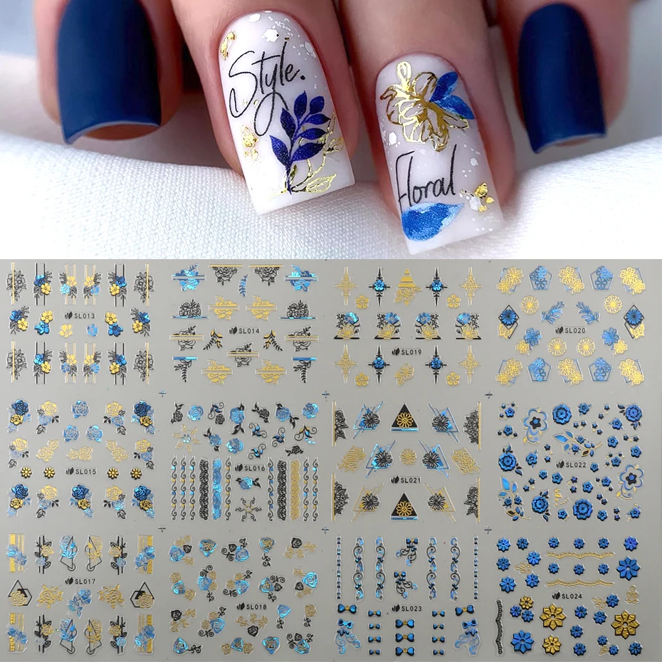 

12 шт 3D наклейки для ногтей синий золотой цветок лист Бабочка кружева Геометрическая Линия Дизайн ногтей слайдеры маникюрный лак Наклейка декоративная обертка