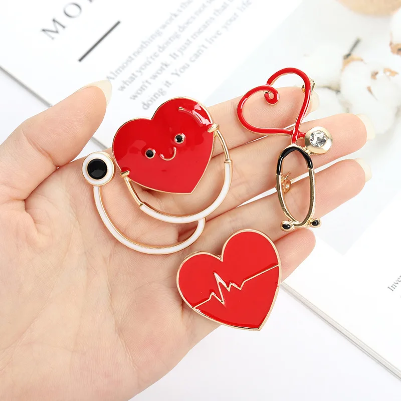 

New Fashion Medical Medicine Brooches Pin Stethoscope Electrocardiogram Heart Shaped Badges Doctor Lapel Jewelry Gift