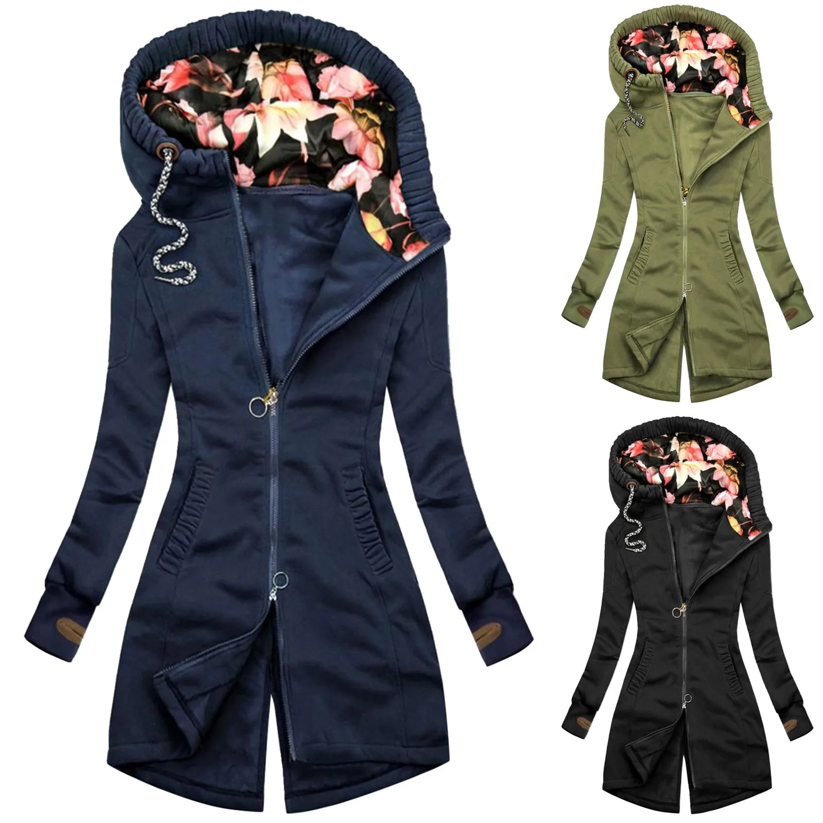 

Winter Jas Kapmantel Vrouwen Mode Bloemenprint Jas Rits Pocket Sweatshirt Lange Mouwen Jas Winter Куртка Женская @ 40