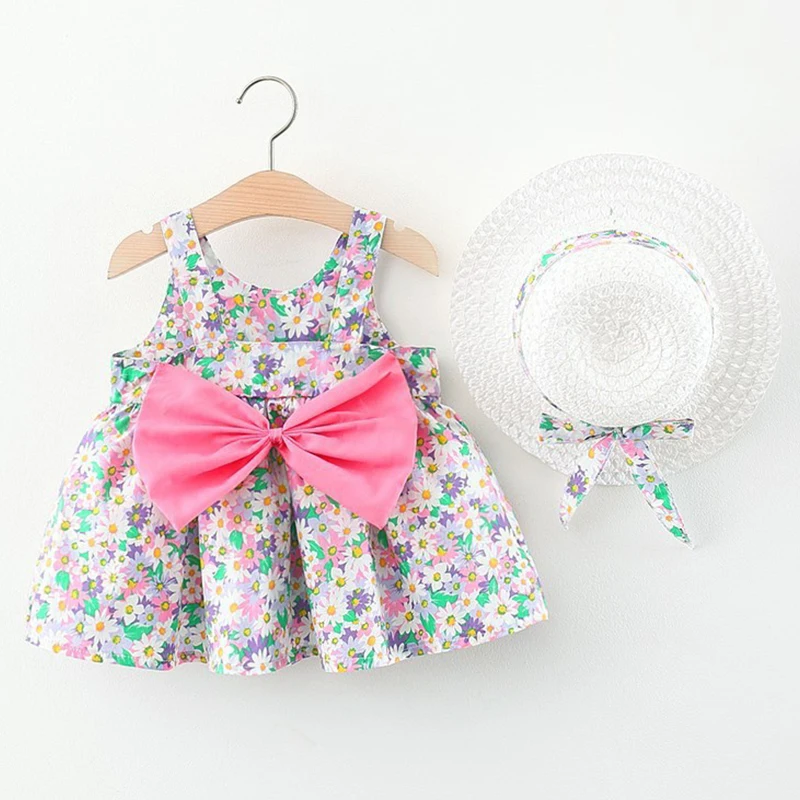 

2Piece Summer Outfits Toddler Girl Dresses Baby Clothes Korean Cute Bow Casual Beach Flowers Dress+Sunhat Kids Clothing BC248