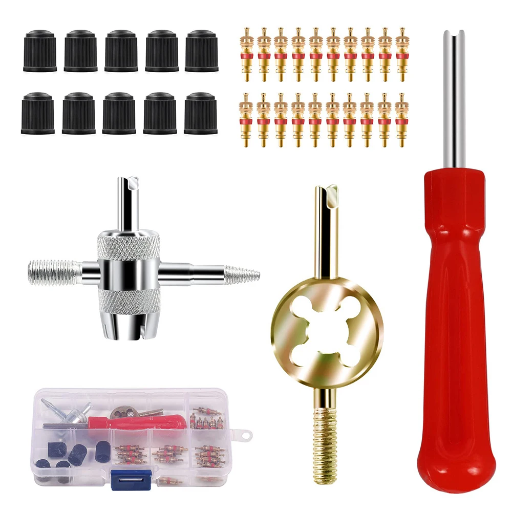 

33pcs/Set Car Tyre Valve Repair Tool Sets With 4 In 1 Valve Stem Removal Tools Universal Accessories For Bike Car Motorcycle