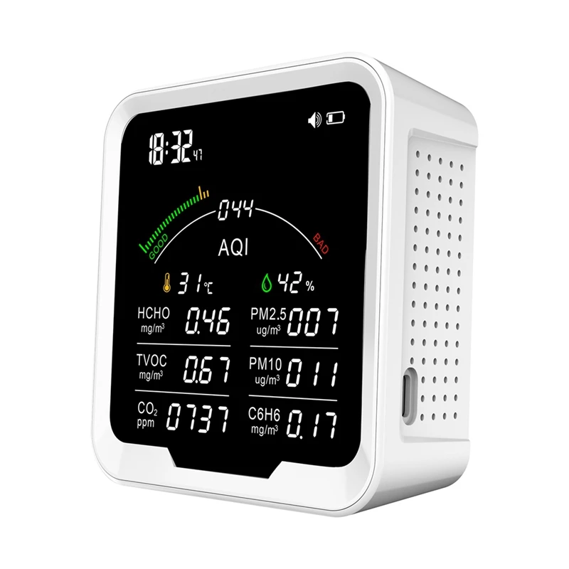 

PTH-9B 9 In 1 HCHO C6H6 TVOC PM2.5 PM10 CO2 Air Quality Detector Hygrometer Digital Clock Alarm Carbon Dioxide Meter