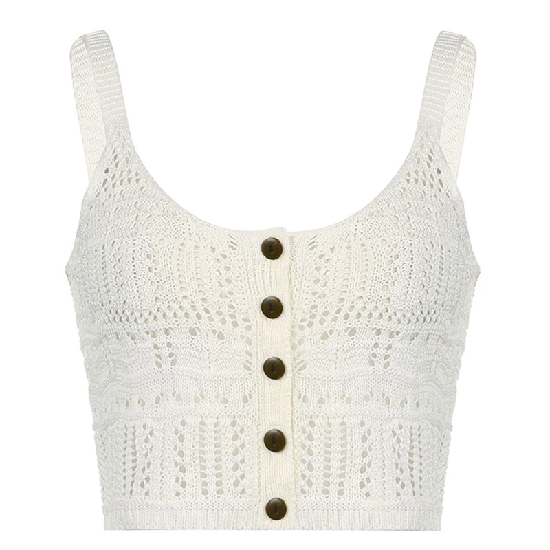 

Ladies Crocheted Button-Down Tank Tops Sexy Sleeveless Cardigan All-match Hollow Crop Tops Summer Sling Vest Short Tops