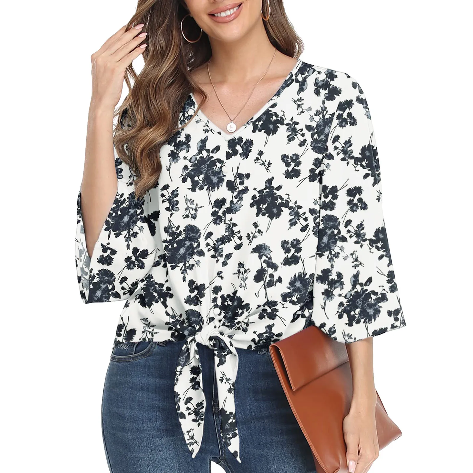 

2023 New Arrival Women Button V-Neck Chiffon Blouse Three Quarter Sleeve Flared Sleeve Bow Tie Casual Loose Summer Shirt Top