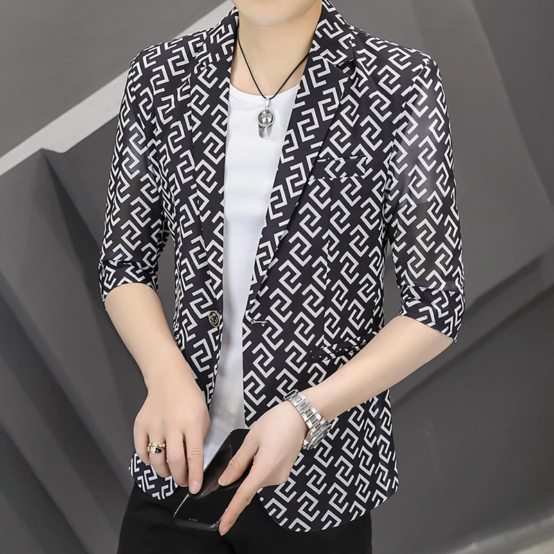 

2022 New Brand Mens Suit Jackets Printing Slim Fit Single Button Dress Suits Men Fashion Casual All-match Handsome Blazer Men