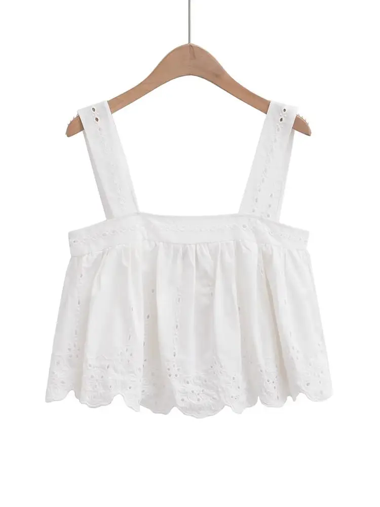 

MESTTRAF Women Fashion Y2K White Embroidery Tank Tops Sexy Straight Neck Wide Straps Female Camis Chic Tops