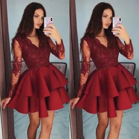latest short burgundy homecoming gowns long sleeves cocktail dresses lace v neckline wedding party gowns mini length beaded