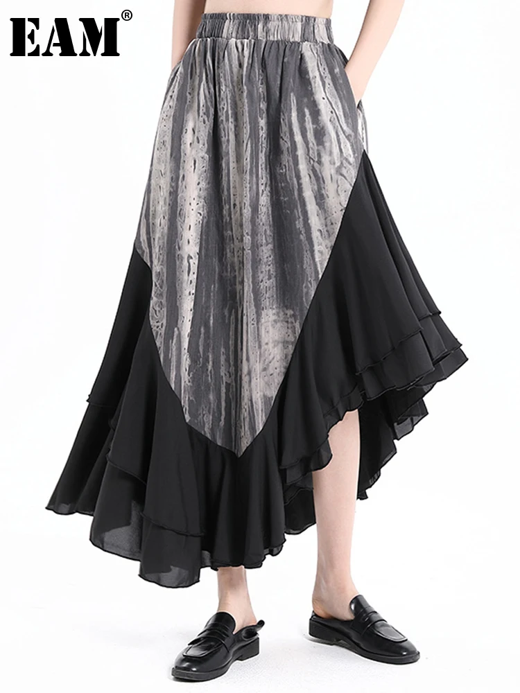 

[EAM] High Elastic Waist Black Tie Dye Rufflfes Irregular Half-body Skirt Women Fashion Tide New Spring Autumn 2022 1DE6807