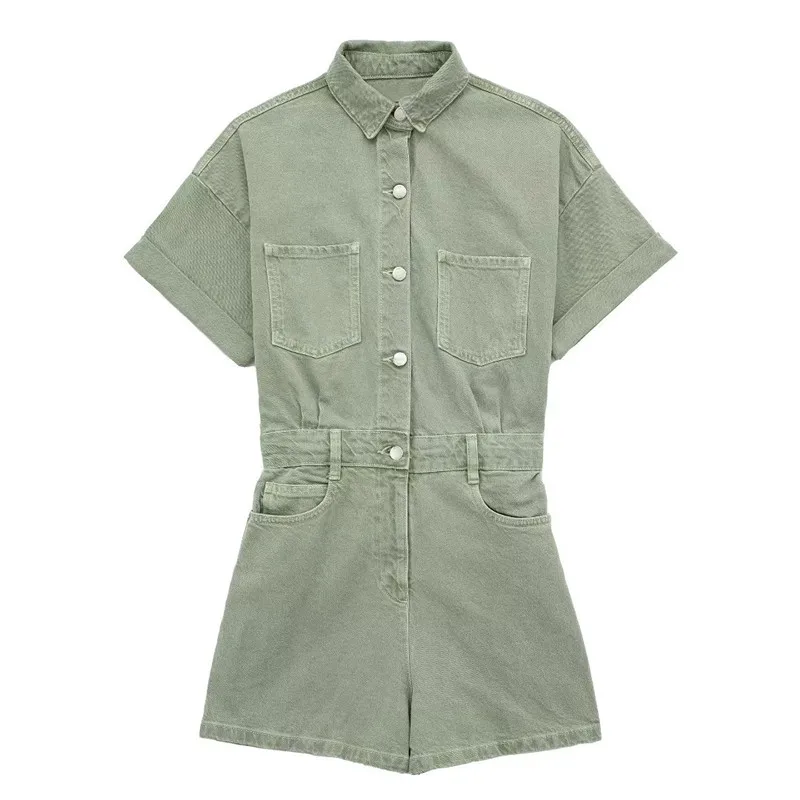 Women's Short-Sleeved Single-Breasted Casual Jumpsuit European American 2023 Summer Retro All-Match Waist Denim One-Piece Shorts