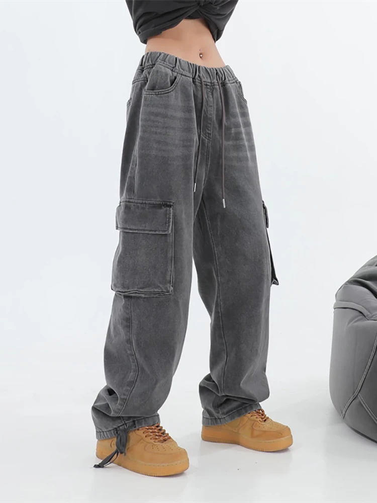 Grey Vintage Baggy Jeans Women 90s Streetwear Pockets Wide Leg Cargo Pants Higt Waist Straight Denim Trousers