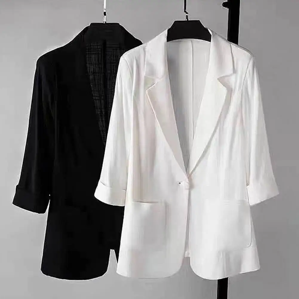 

Женский офисный пиджак на пуговицах, элегантный Однотонный женский Блейзер на три четверти, пальто, Однотонный женский костюм с лацканами