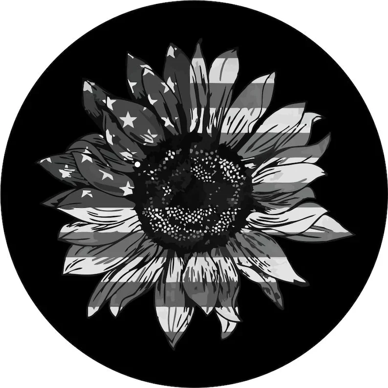 

Sunflower American Flag (black and grey) Spare Tire Cover for any Vehicle, Make, Model and Size - , RV, Travel Trailer,