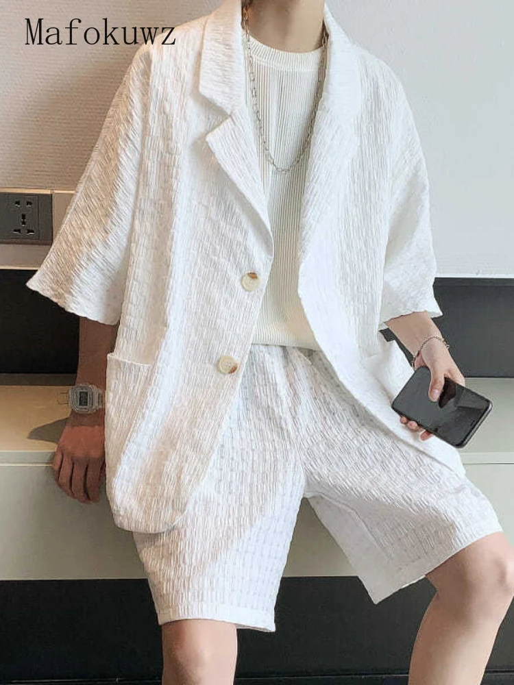 

Mafokuwz Summer Loose Thin Suit Men's Short-sleeved Plaid Trend Hadsome Button Blazer Jacket + Casual Solid Short Male 2pcs Sets