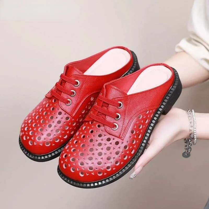 

2022 New Summer Round Toe Hollow Genuine Leather Slippers Casual Sandals Low Heel Shoe Slippers Women Large Size Black Shoes