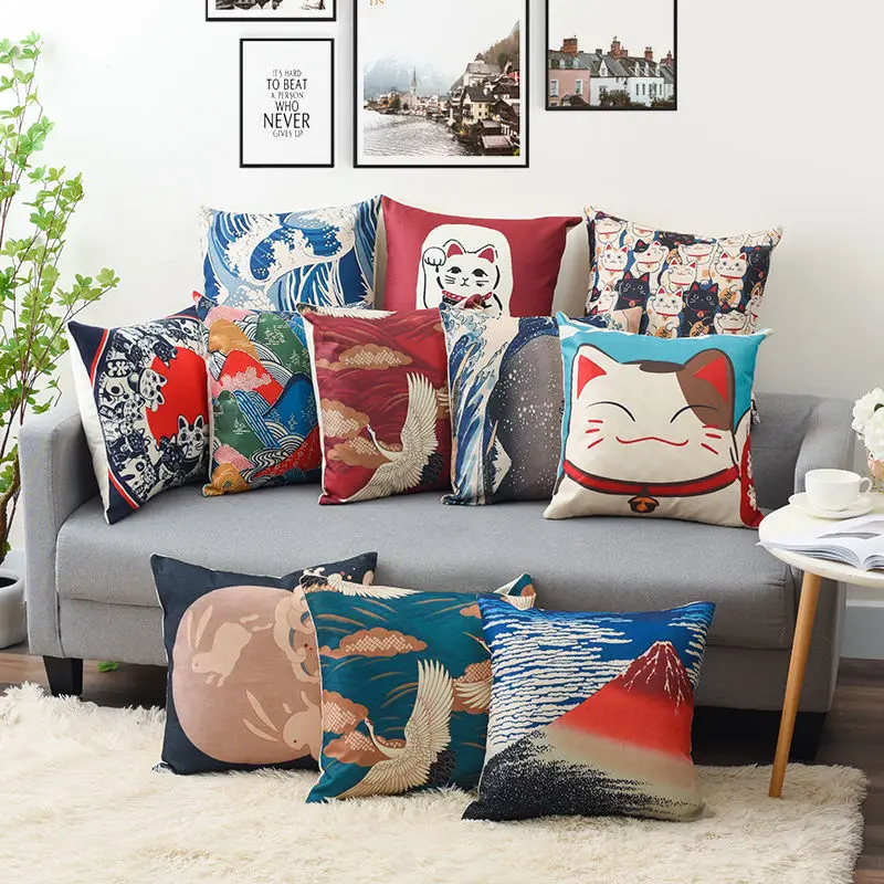 

Japanese Style Cushion Cover Linens Printing Mount Fuji Cat Cherry Blossoms Spring Decorative Throw Pillows Case For Bed Car