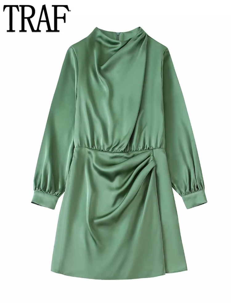 

TRAF Green Pleated Dress Woman Satin Shirt Dress Women Long Sleeve Short Dresses for Women 2022 Autumn Office Wear Female Dress