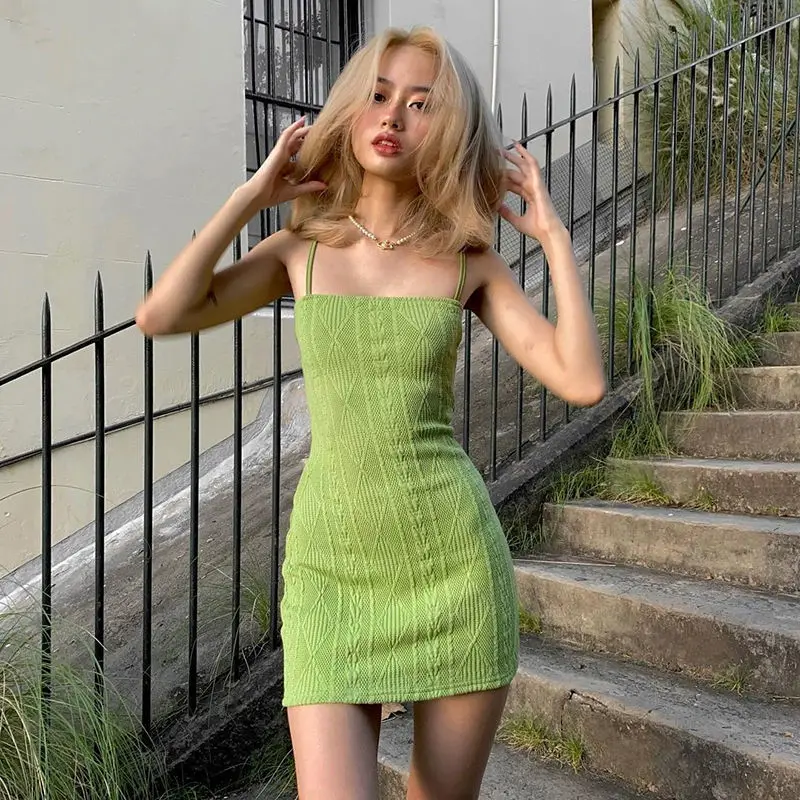 

New Summer Women's Fashion U-Neck Bottomed Design Knitted Sleeveless Dress Slim Bodycon Above Knee Length Mini Dresses