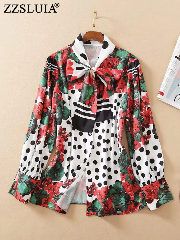 Vintage para as Mulheres Todos os Jogos de Roupas Zzsluia Blusas Polka Impresso Arco Designer Camisas Elegantes Moda Femininas Topos Dot