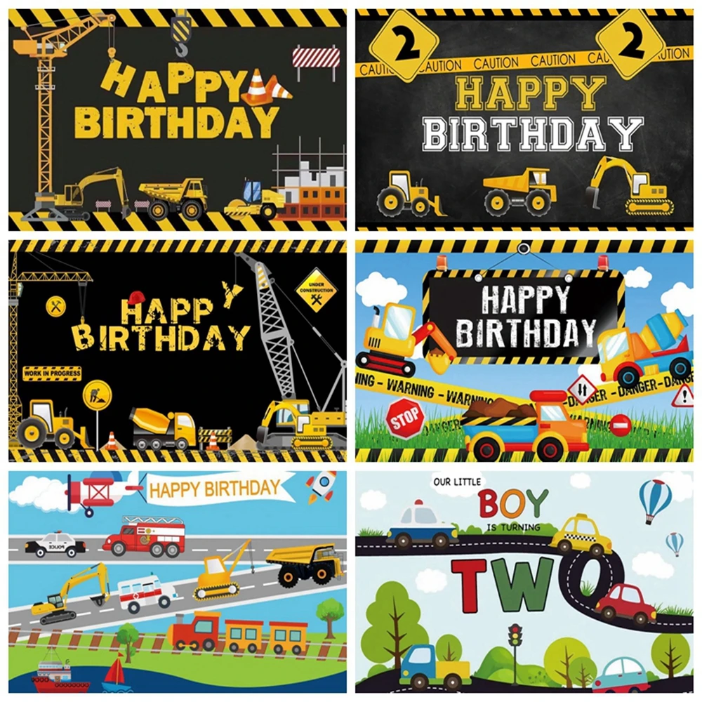 

Construction Builder Team Baby Birthday Party Backdrop Excavator Crane Traffic Airplane Truck kids photography Background Banner