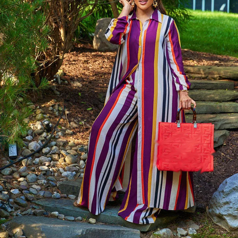 

Fashion Lapel Buttoned Long Sleeve Tops & Straight Pants Suit Women Striped Printed 2 pcs Outfits Autumn Casual Loose Office Set