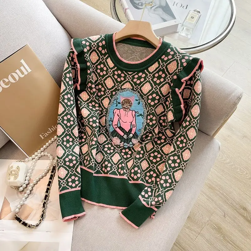 

Hikigawa Chic Fashion Women Vintage Ruffled Puff Long Sleeve Embroidery Cats Lady Knitted Pullover Autumn Versatile Sweater Top