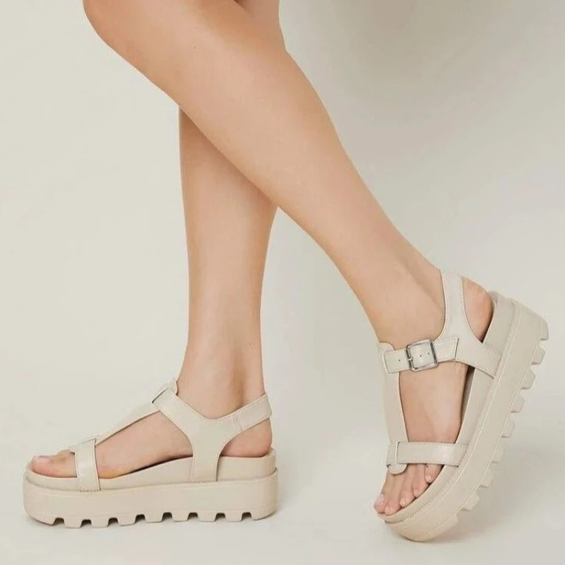 

2022 Women's Sandals Summer Fashion Solid Color Thick Bottom One-line Buckle Sandals Casual Non-slip Women's Shoes Plus Size 43
