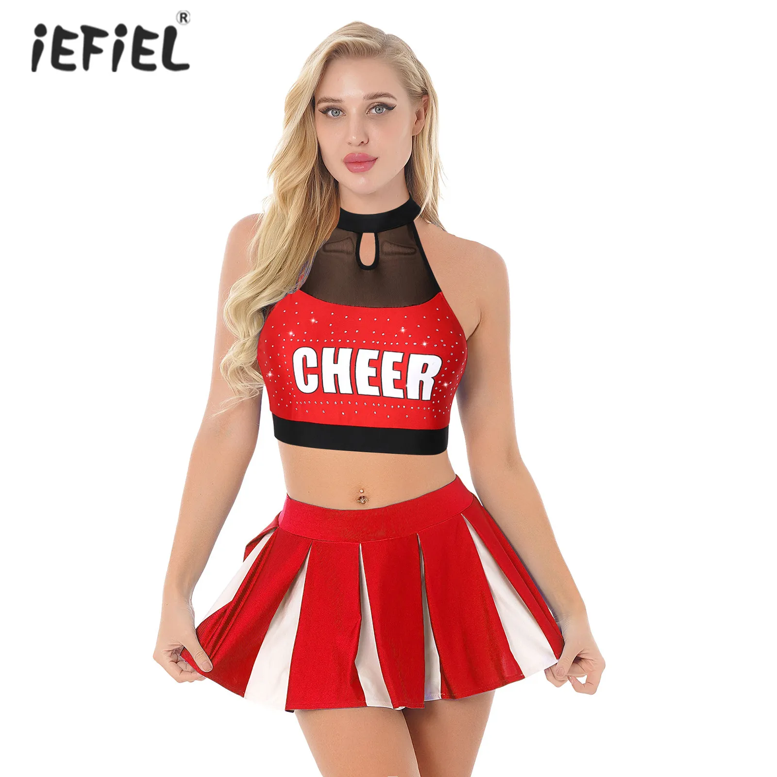 Womens Cheerleading Costume Anime Cosplay Outfit Letter Printing Shiny Rhinestone Halter Crop Top with Color Block Pleated Skirt