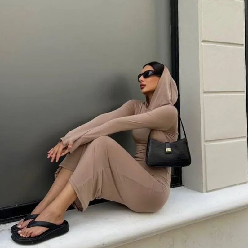 

Autumn New Fashion Knitted Hooded Tight Dresses for Women Casual One Piece Dress Long