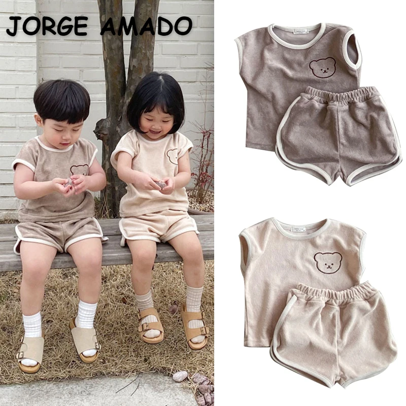 

Летние комплекты одежды в Корейском стиле, жилетка без рукавов, бежевый, абрикосовый, коричневый с круглым вырезом, с медведем + шорты, одежд...