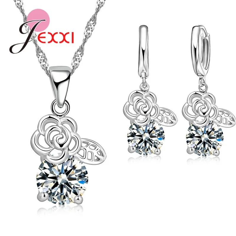 Elegant Women High Quality Silver AAA Crystal Cherry Flower Necklace & Pendent Hoop Earrings Sets For Wedding Bijoux Femme | Украшения и