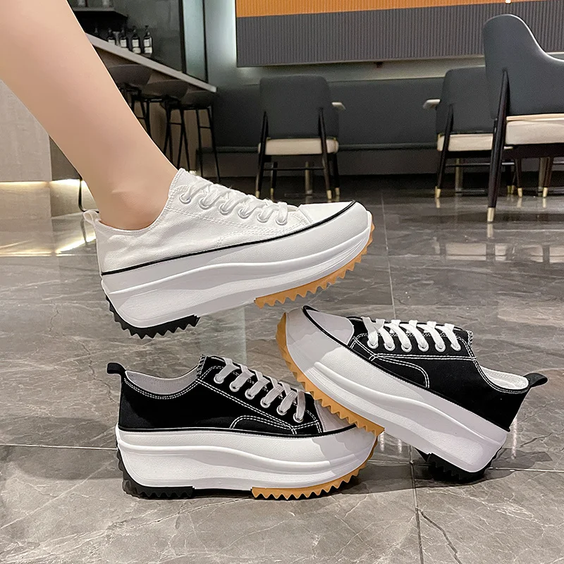 

Thick Se Heightened Canvas Shoes 2023 New Black Casual Shoes Round Toe Low-top Lace-up Shoes Women's Niche Design Trend Sports