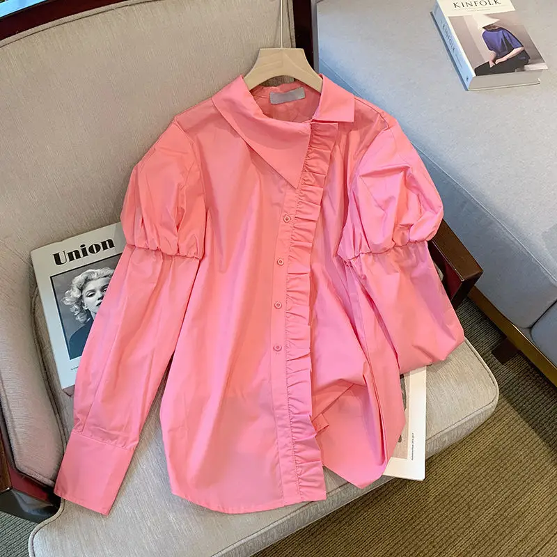 

Lantern Sleeve Blouse Women Autumn Winter Puff Sleeve Stand Collar Shirts Office Work Blouse Solid Vintage Blouse Shirts K12