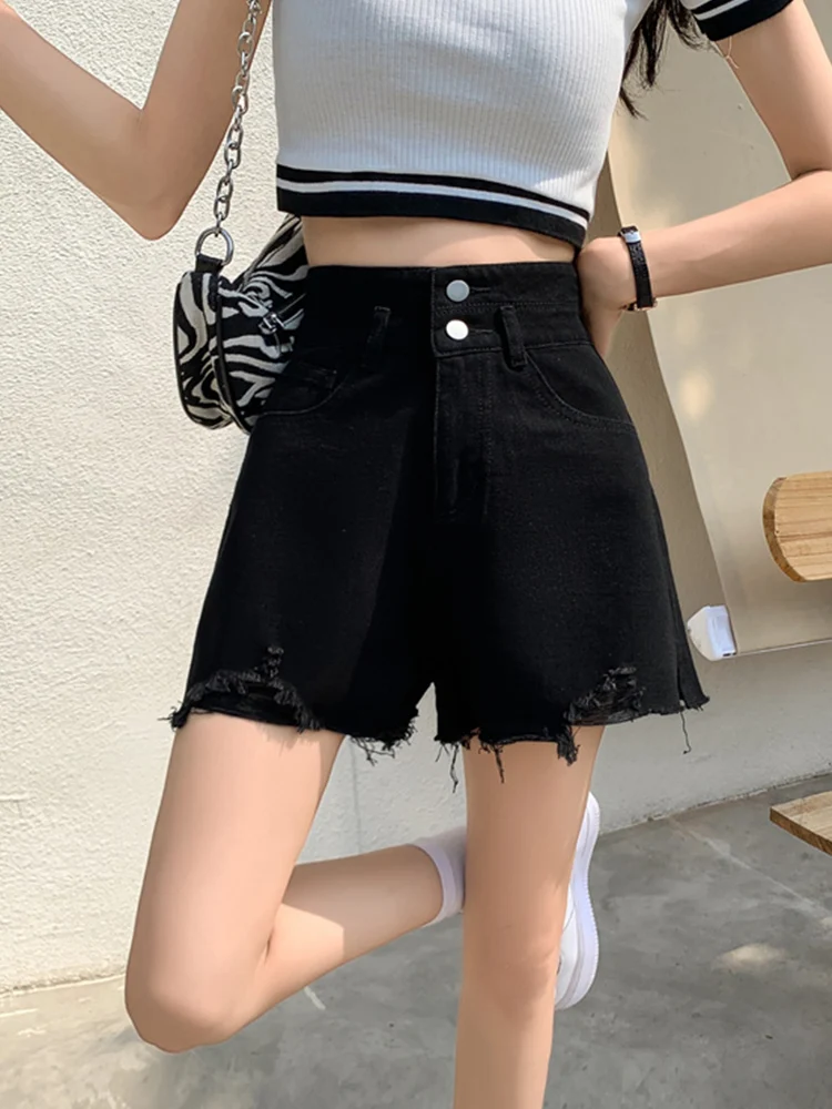 Streetwear Women Loose Hole Frayed Retro Denim Shorts Spring Summer Female High Waist Button Jeans Shorts Bottoms