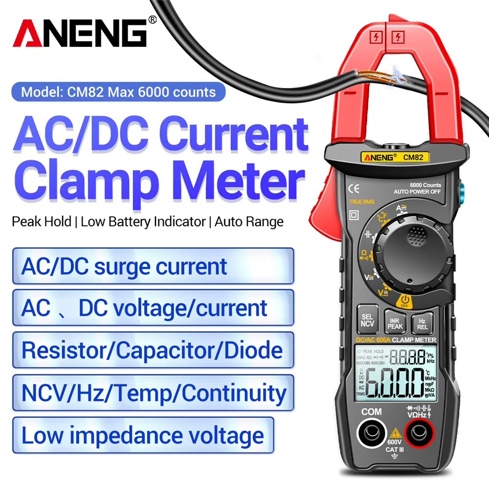 

ANENG CM82 Digital Clamp Meter DC/AC Current Voltage 6000 Counts Multimeter Ammeter Tester Car Amp Hz Capacitance NCV Ohm Test