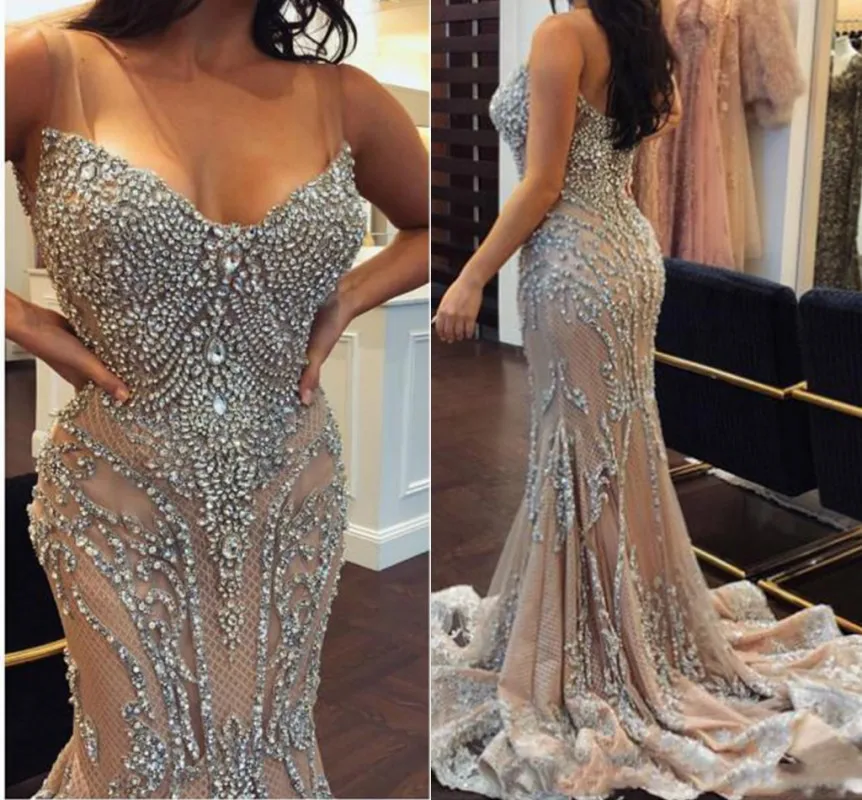 

Mermaid Prom Dresses 2022 Rhinestones Spaghetti Straps V-neck Bling Beads Evening Formal Gowns Vestidos Feast Robe De Soiree