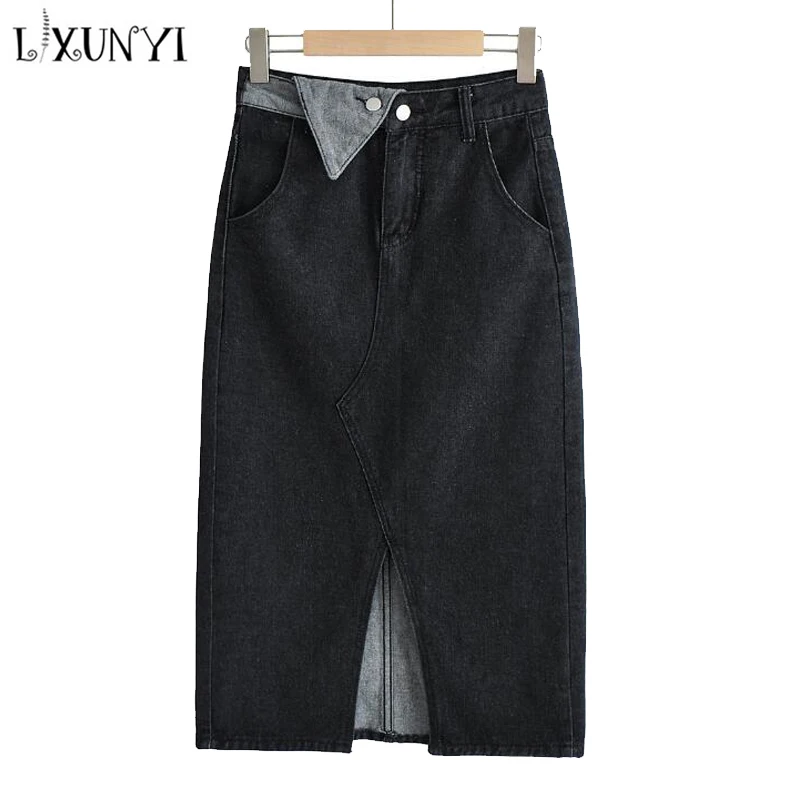 

LXUNYI long jean skirt with bottons Retro Vintage 2022 Spring Summer Street Fork Denim Skirts High Waist A Line Skirts Casual