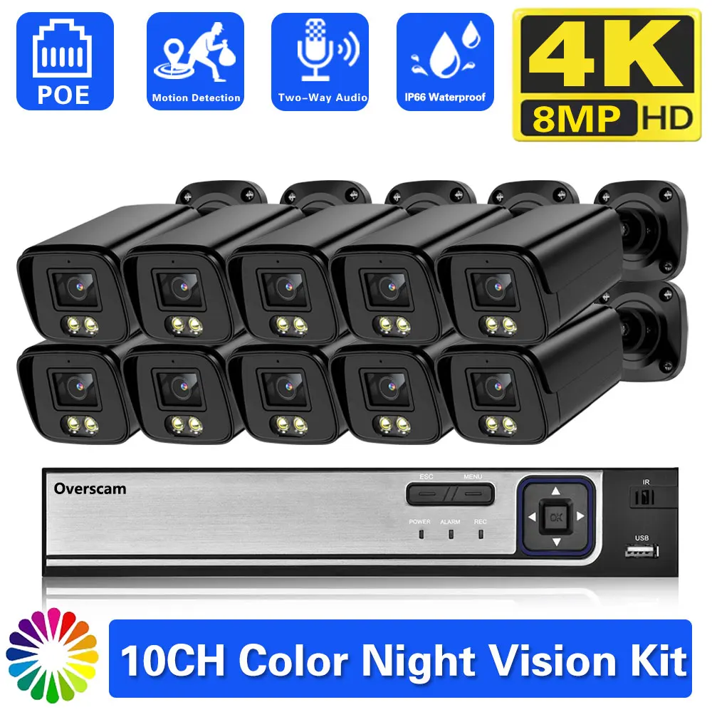 

4K 8MP POE IP Security Surveillance Camera System 10CH 4K NVR AI H.265 Waterproof Two-Way Audio Outdoor POE security camera Set