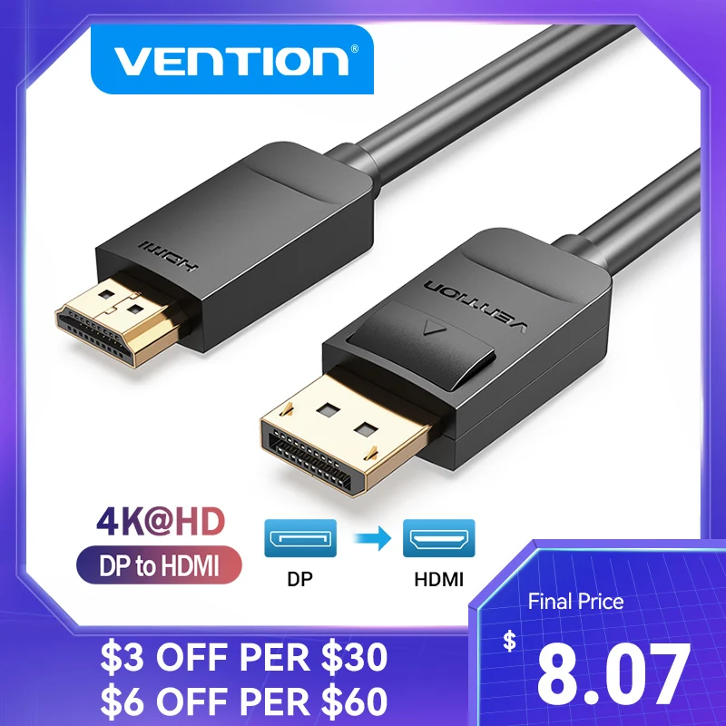 Vention DisplayPort to HDMI Cable 4K 60Hz DP to HDMI Cable Display Port Male to HDMI Male Adapter for HDTV Projector DP to HDMI